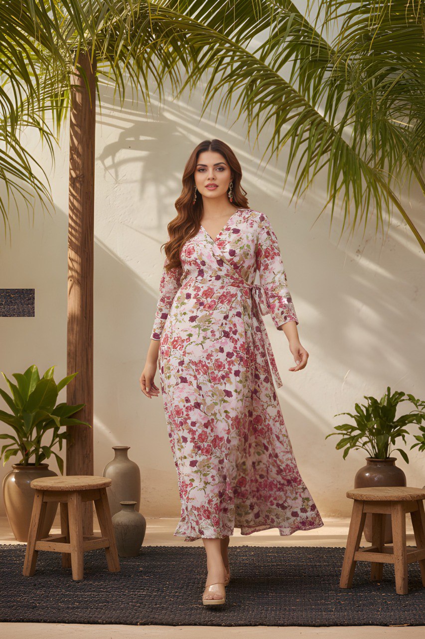 Blush Floral Wrap Maxi Dress with Tie-Up Waist