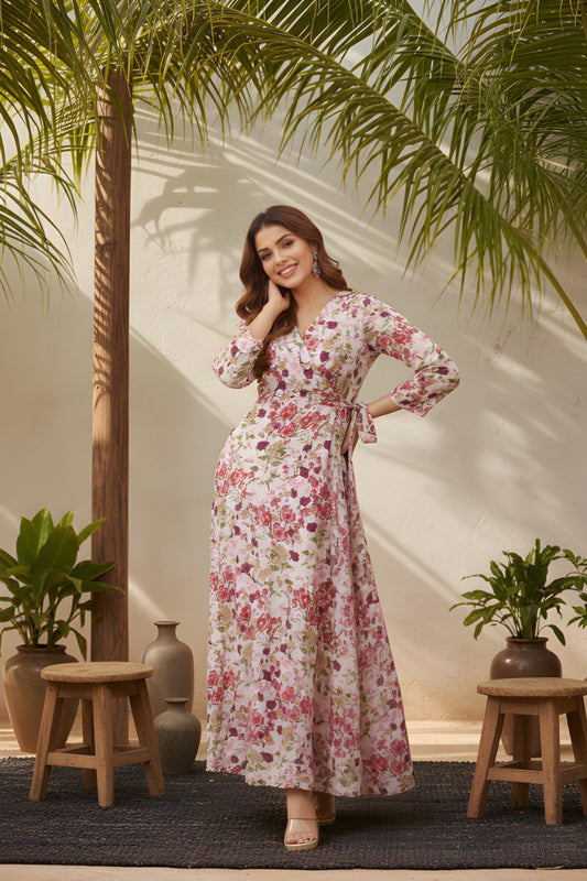 Blush Floral Wrap Maxi Dress with Tie-Up Waist