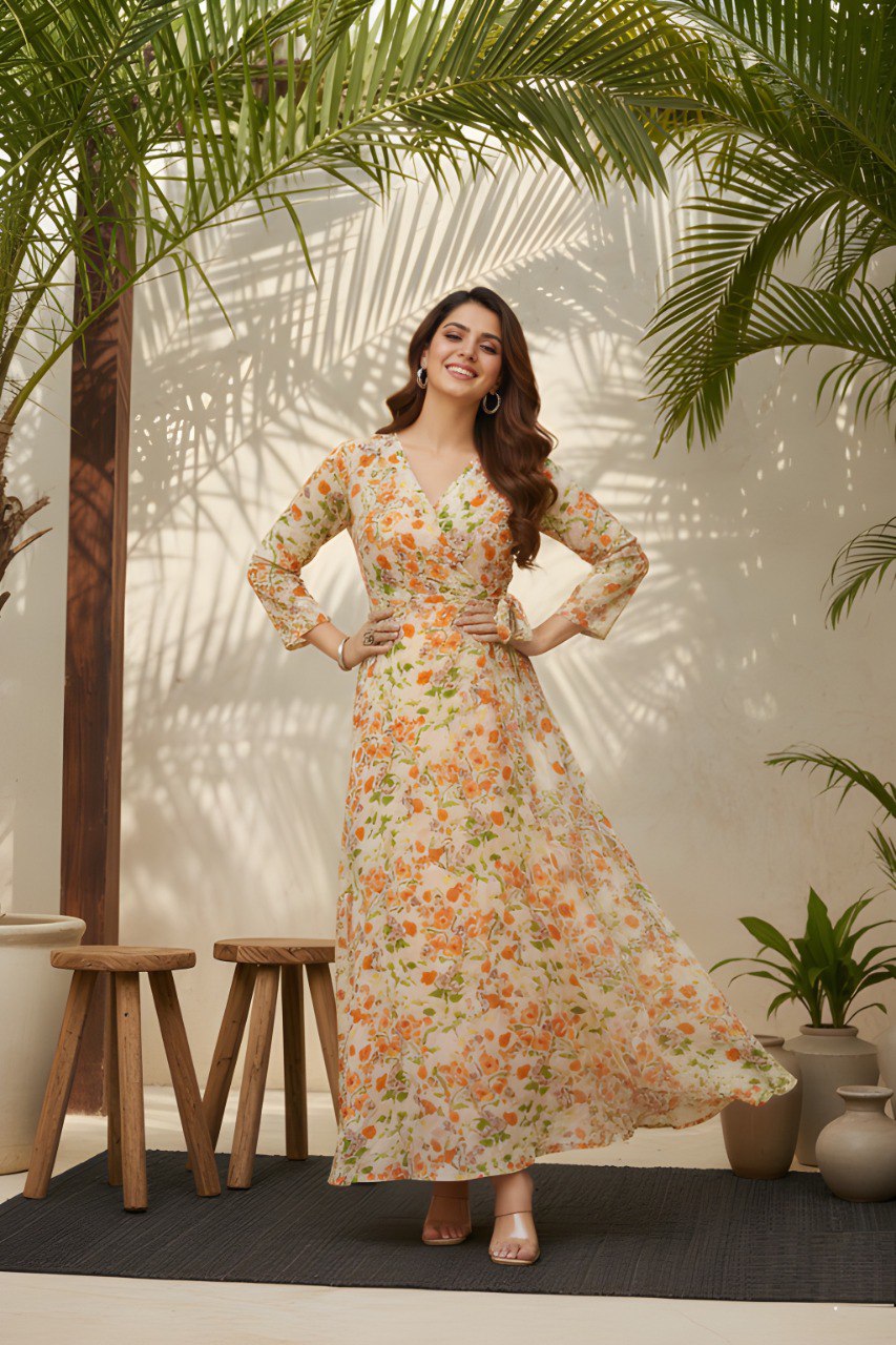 Floral Wrap Maxi Dress with 3/4 Sleeves