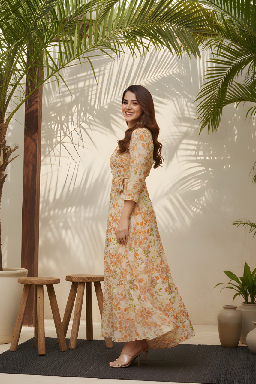 Floral Wrap Maxi Dress with 3/4 Sleeves