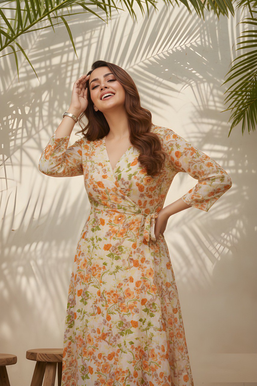 Floral Wrap Maxi Dress with 3/4 Sleeves