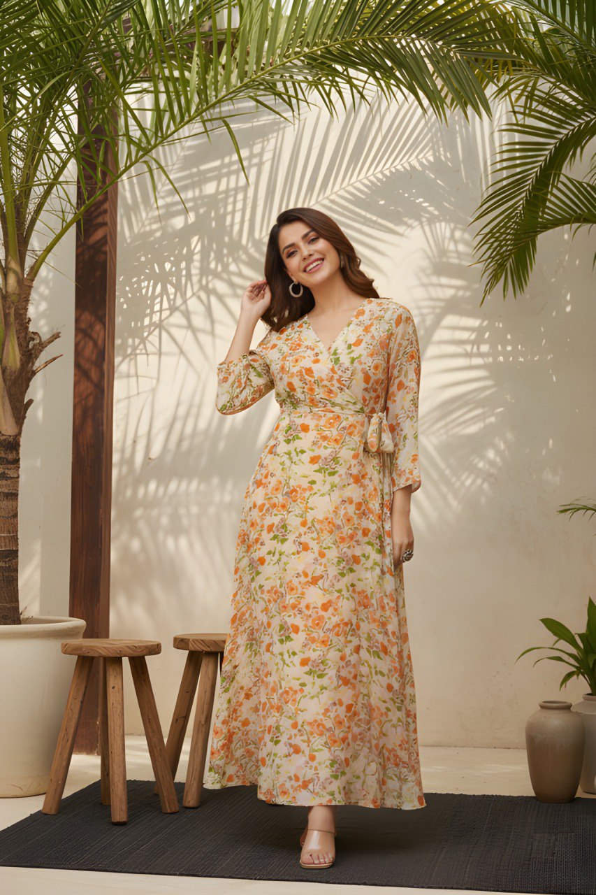 Floral Wrap Maxi Dress with 3/4 Sleeves