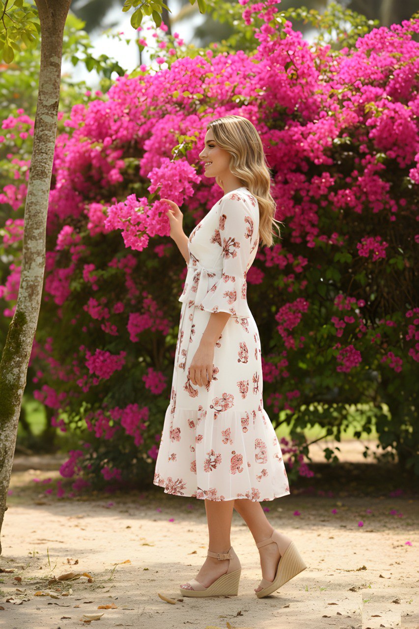 Ivory Floral Wrap Midi Dress with Bell Sleeves