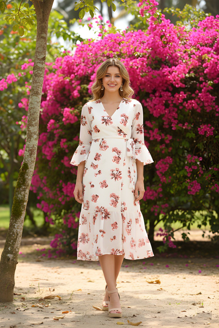 Ivory Floral Wrap Midi Dress with Bell Sleeves
