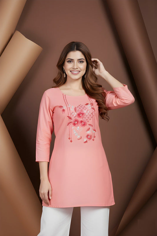 Peach Floral Embroidered Straight Kurti